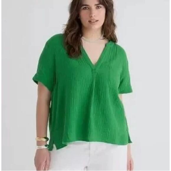 J CREW Green Cotton Gauze V Neck Popover Top Blouse BI431 // S - Picture 1 of 9
